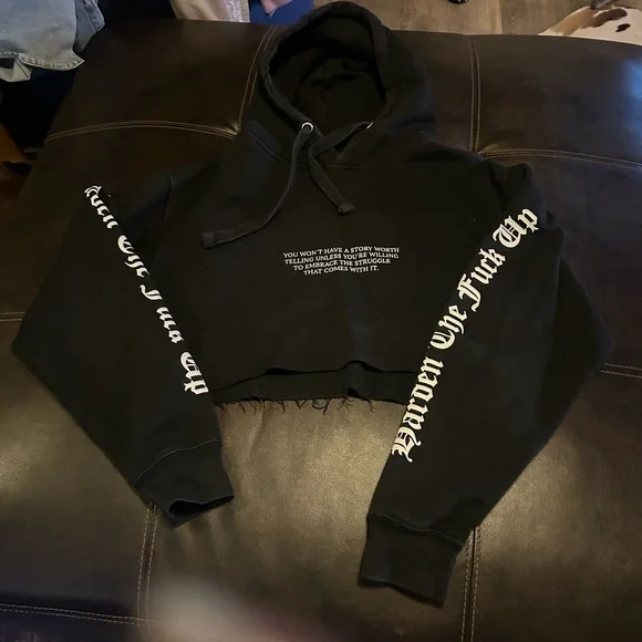 Black Cropped Hoodie with White Text - Picture 1 of 2